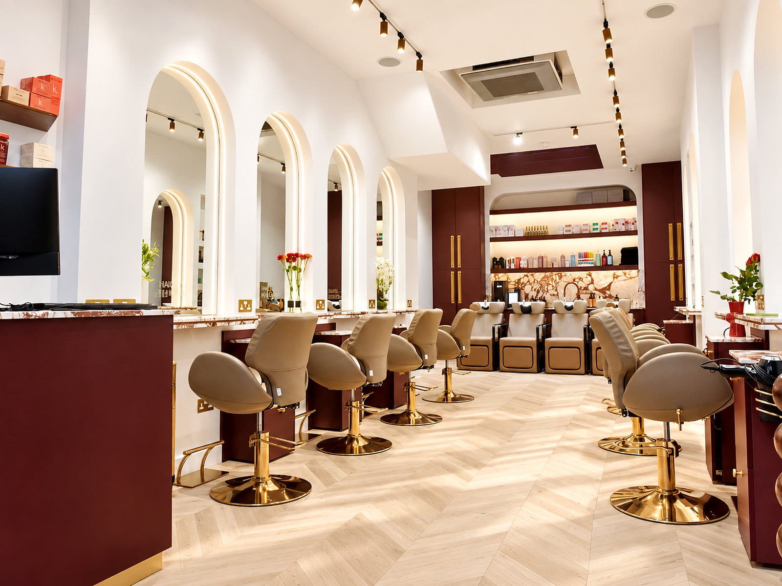 The full length of the styling floor at Hakim Elhocine Hair Couture, Blenheim Street