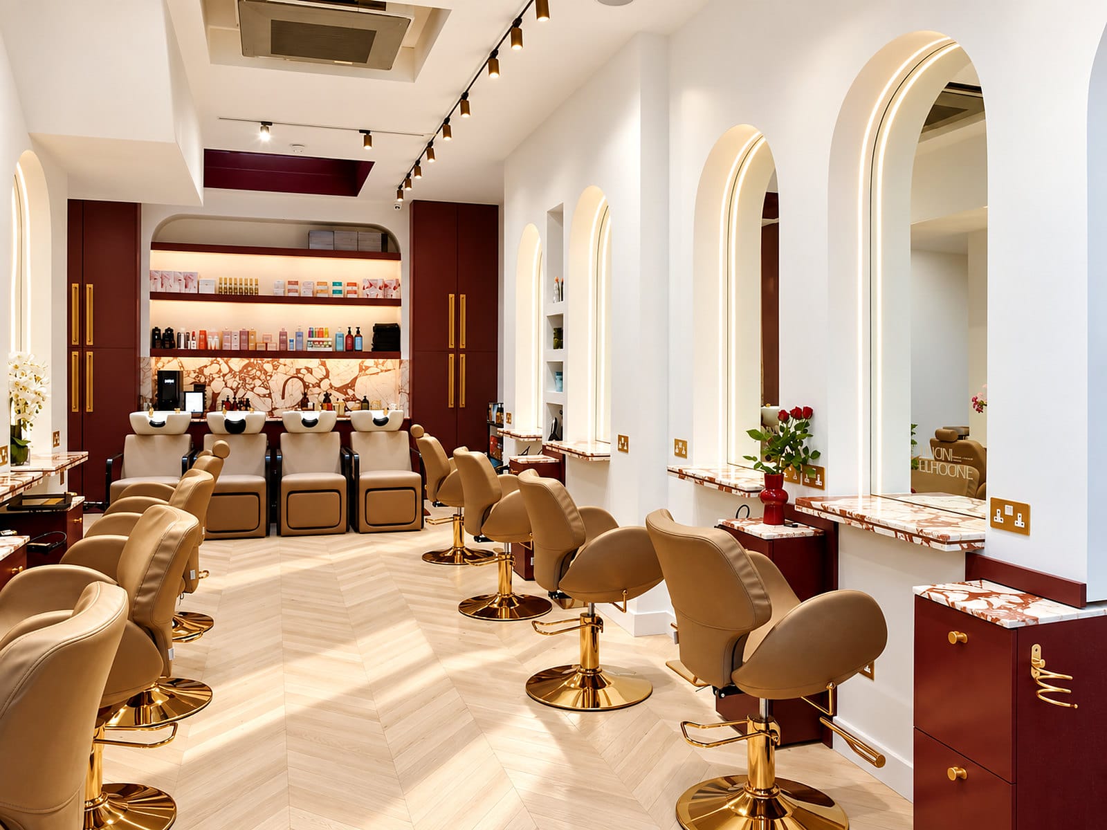 Arched mirrors and marble stations along the styling floor at Hakim Elhocine Hair Couture