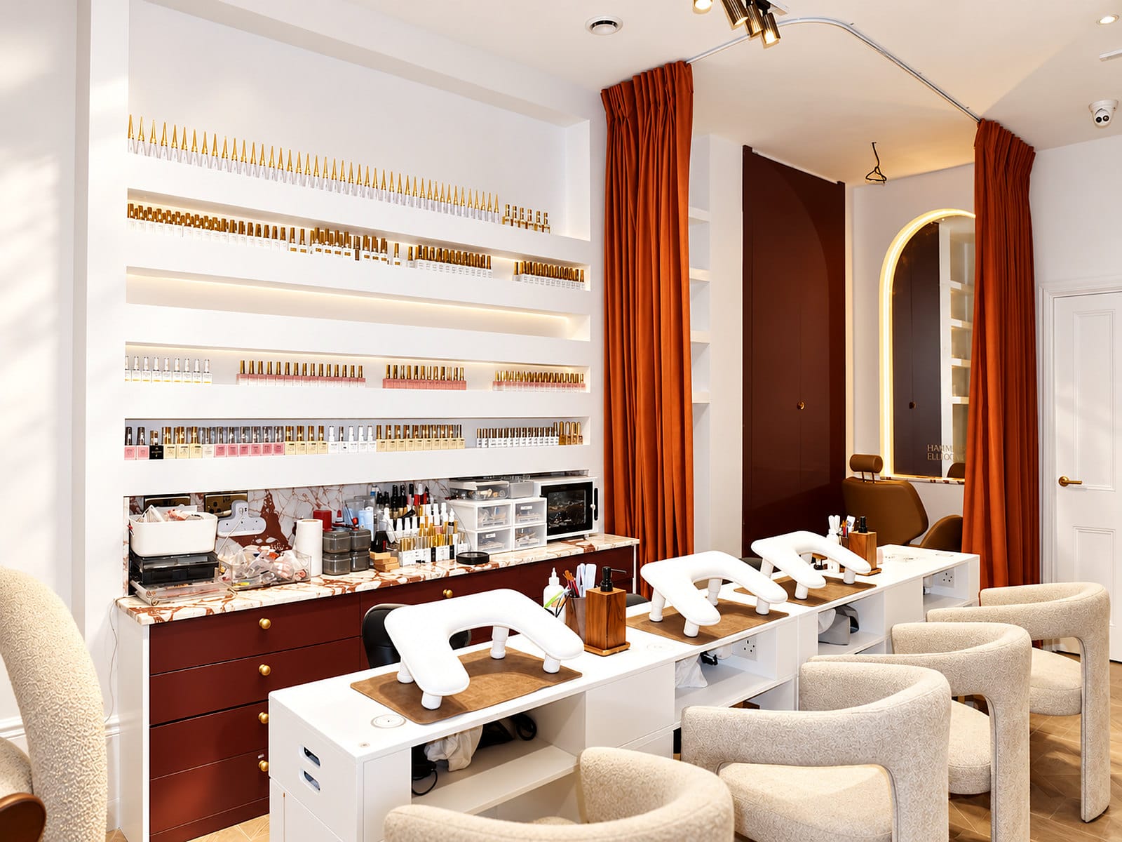 The nail room at Hakim Elhocine Hair Couture, Mayfair — manicure stations in daylight