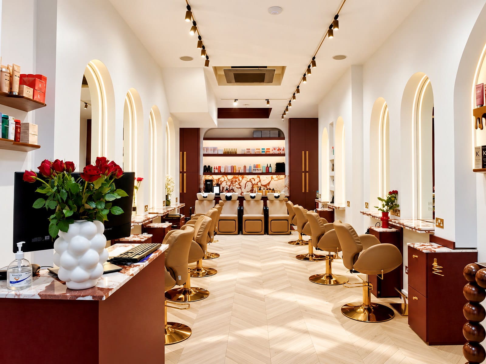 The reception desk at Hakim Elhocine Hair Couture, Mayfair, with white vase and red roses