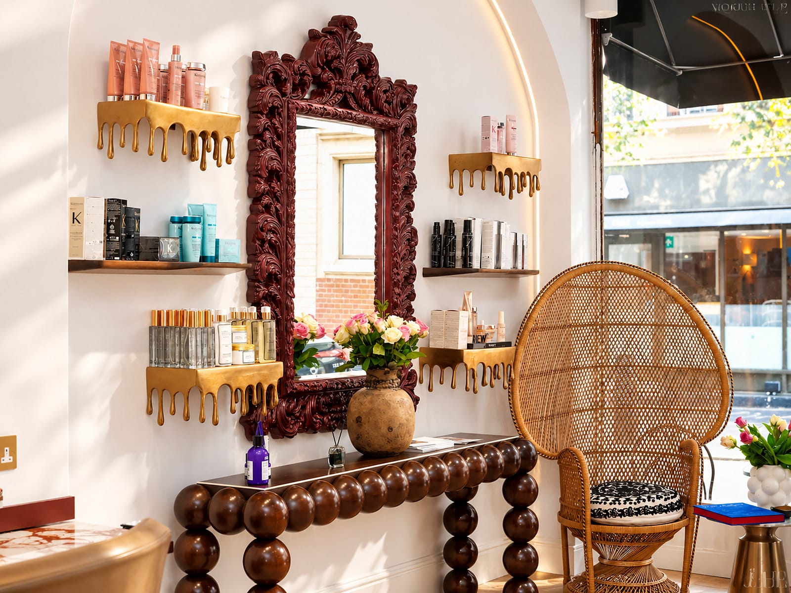 The carved mirror and product shelves at Hakim Elhocine Hair Couture, Mayfair