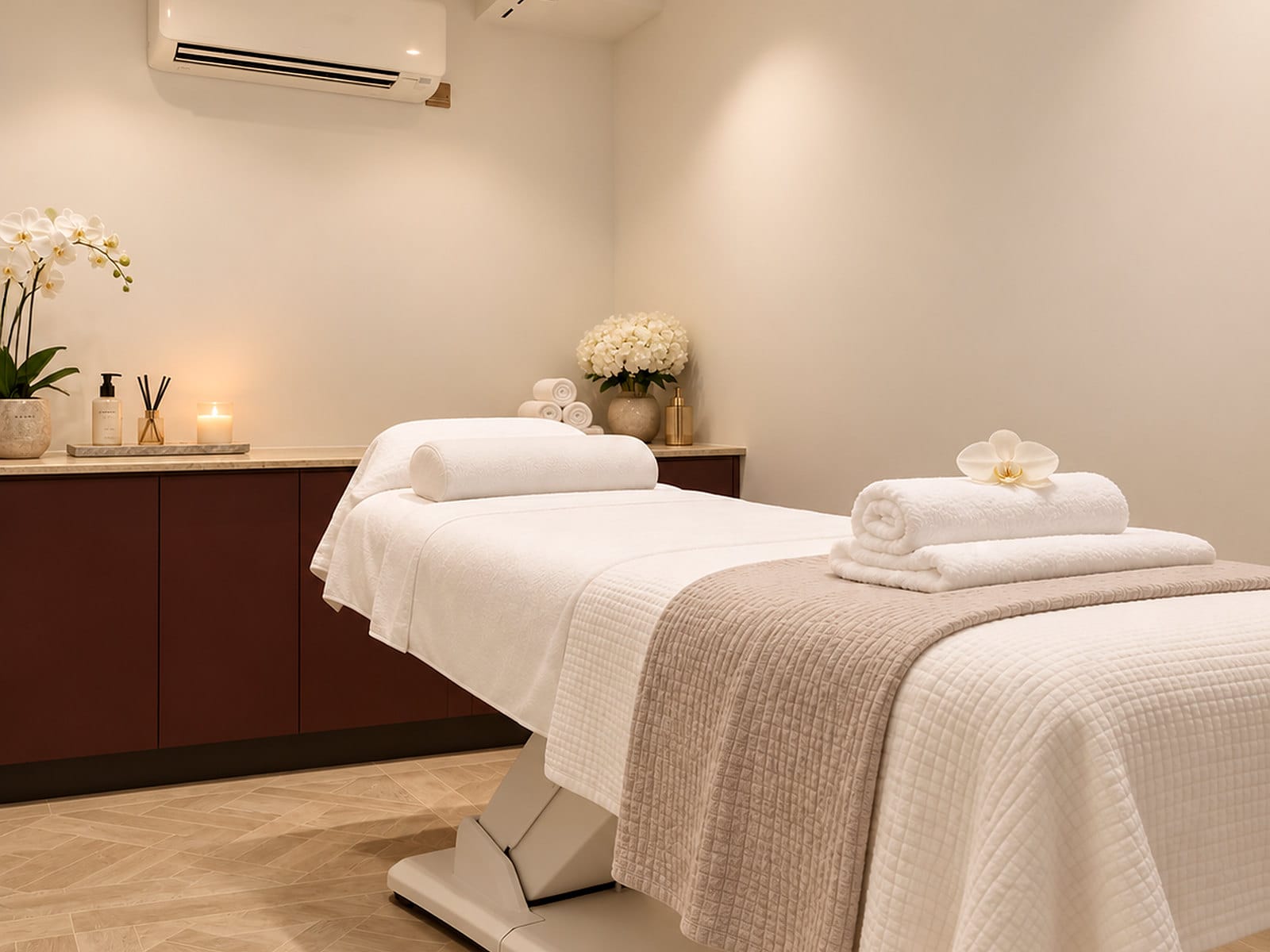 The treatment room at Hakim Elhocine Hair Couture, Mayfair, with orchid and folded towels