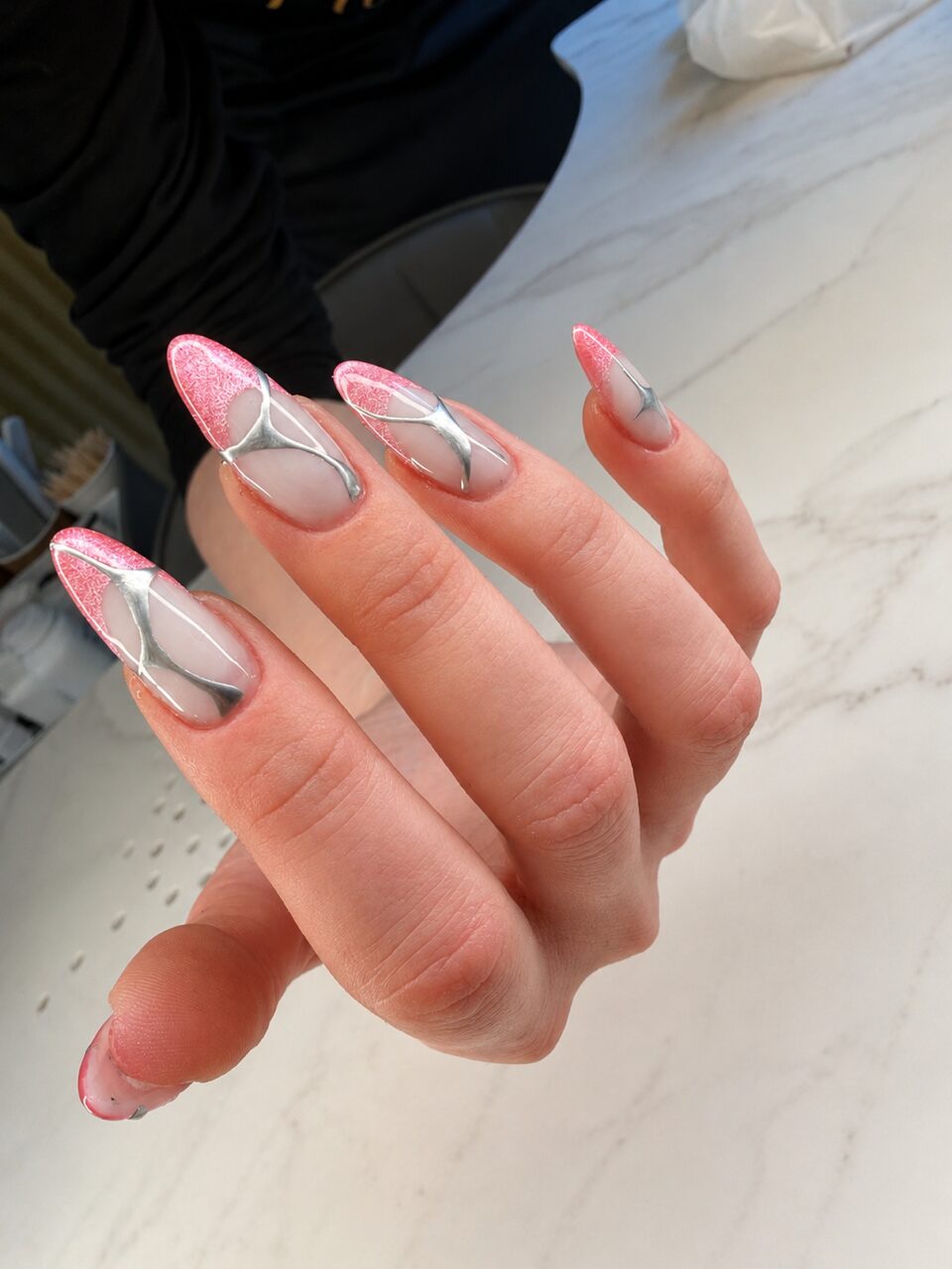 Pink and chrome almond nails by the Bond Street Nail Atelier, Mayfair